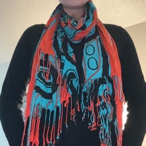 Native Northwest Totem Whale Sacred indian Vibrant Red and Blue Scarf art gift